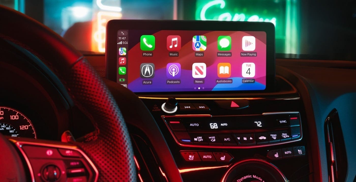 Close-up of a 2025 Acura RDX's dashboard featuring a touchscreen display with apps and vibrant ambient lighting, showcasing technology and design.