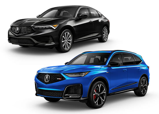 A black 2026 Integra with a blue 2026 MDX on a white background.
