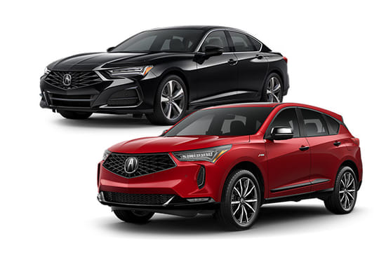 A red 2026 RDX and a black 2025 TLX on a white background.