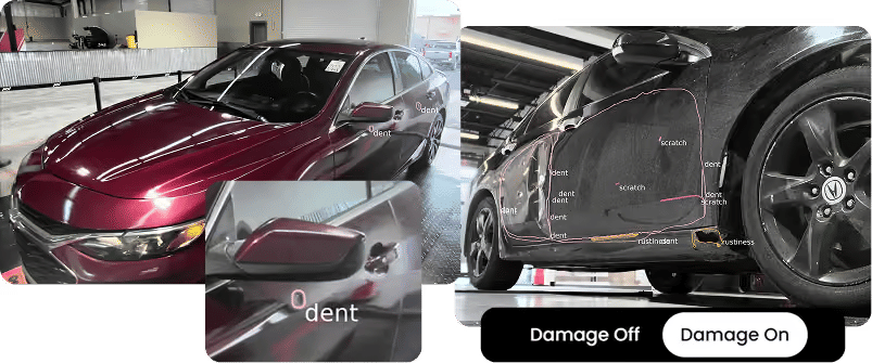Split image comparing a shiny red car before repair with a close-up of a dent, and a black car diagram showing damage points versus damage off.