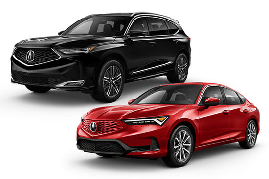 A black 2026 MDX and a red 2026 Integra on a white background.