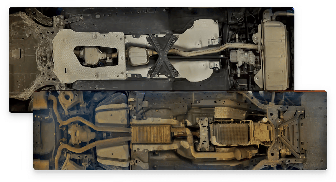 Top and bottom views of a vehicle undercarriage show a clean chassis layout above and a worn, mud-stained exhaust and drivetrain below.