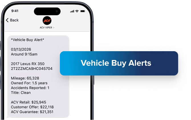 Mobile phone displays an ACV Vehicle Buy Alert for a 2017 Lexus RX 350, with mileage, history, accident, title, and pricing details.