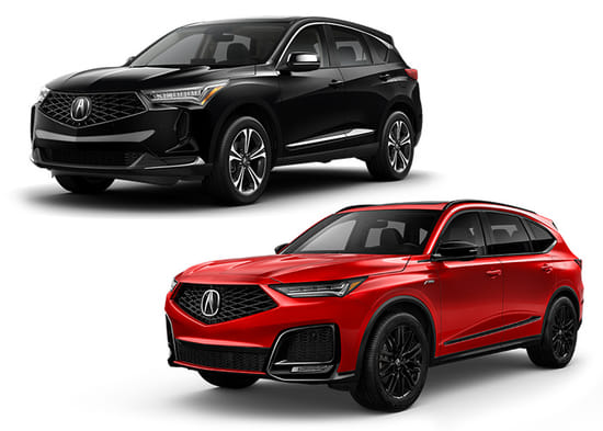 A black 2026 RDX with a red 2026 MDX on a white background.