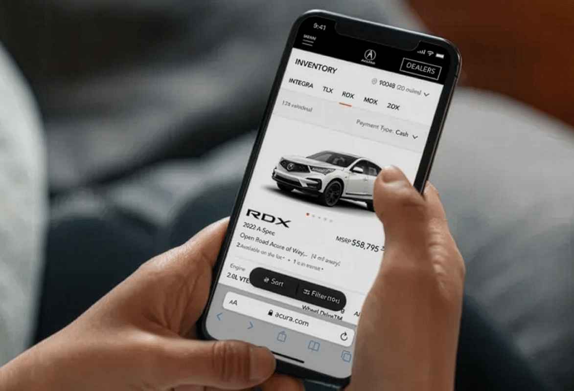 Acura Connect app showing vehicle information, navigation, and remote control options for enhanced user experience.