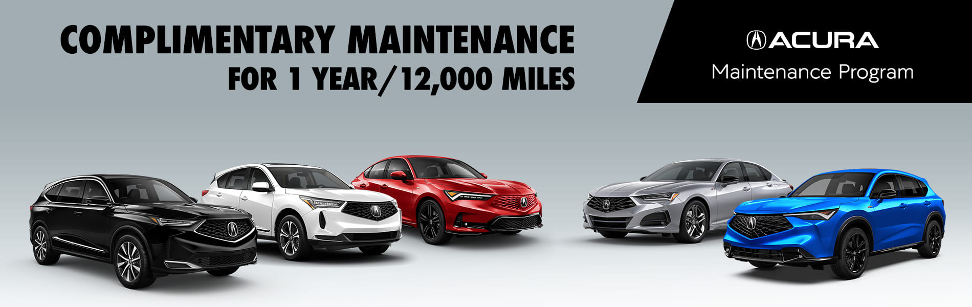 Five Acura cars on grey background.