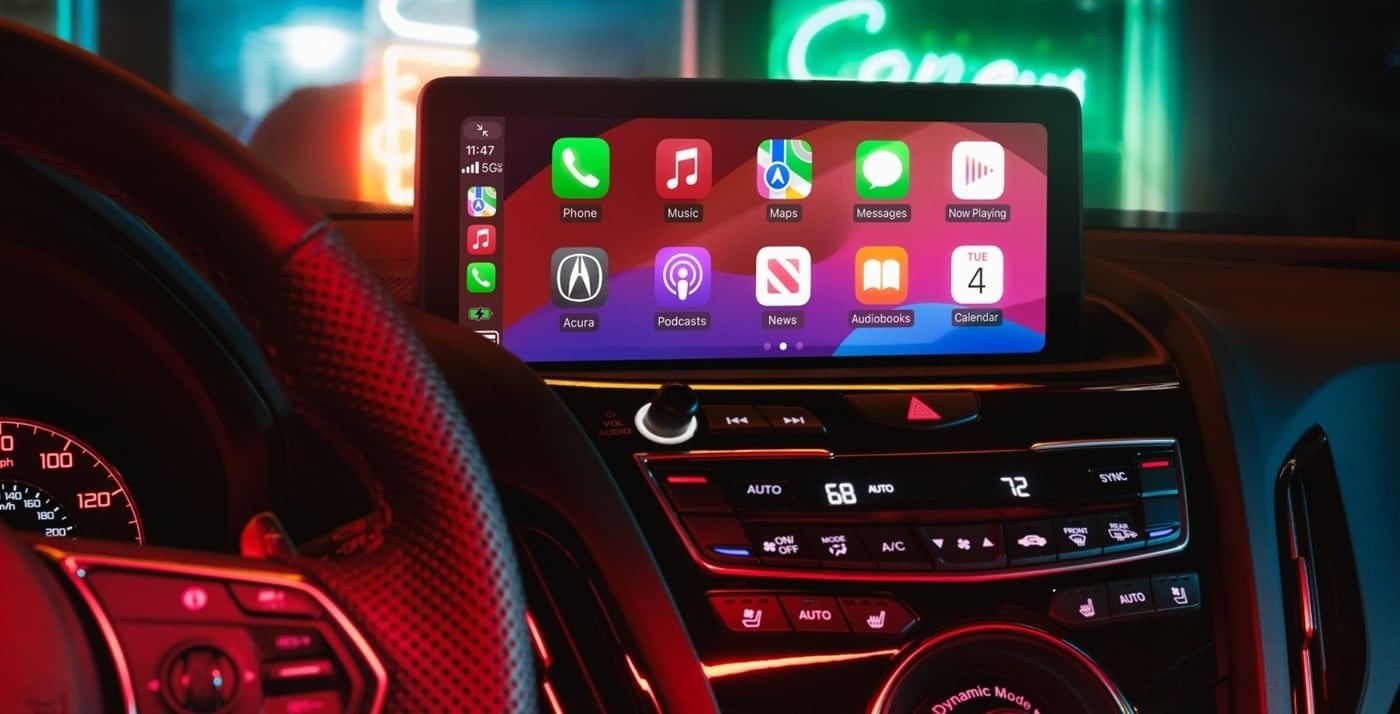 Close-up of a 2025 Acura RDX's dashboard featuring a touchscreen display with apps and vibrant ambient lighting, showcasing technology and design.