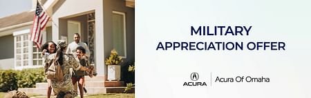On the left, woman in military uniform hugs smiling children, on the right black text Military Appreciation Offer on the white background below Acura of Omaha logo