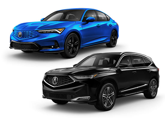 A black 2026 MDX with a blue 2026 Integra on a white background.