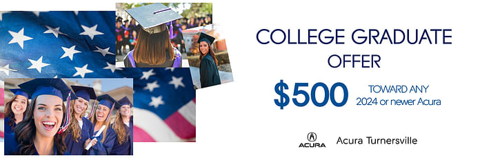 On the left, a smiling woman in a toga holding a certificate, on the right blue text College Graduate Offer on the white background below Acura of Turnersville logo