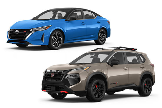 A brown 2025 Rogue and a blue 2025 Sentra on a white background.