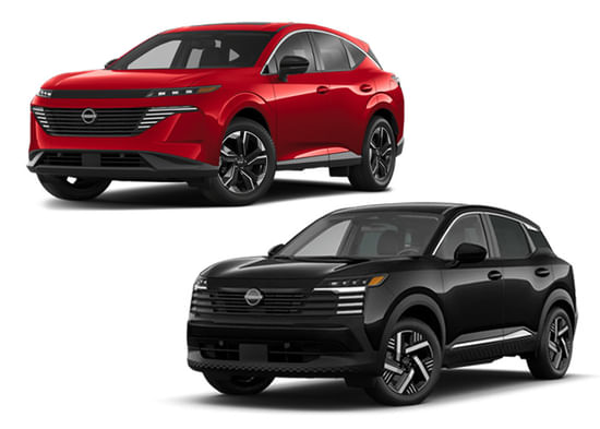 A black 2025 Kicks with a red 2025 Murano on a white background.