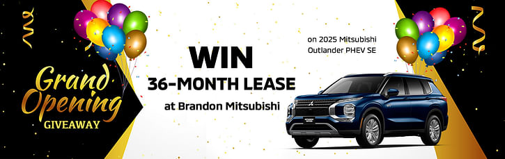 Promotional banner for Brandon Mitsubishi's Grand Opening Giveaway, featuring a chance to win a 36-month lease on a 2025 Mitsubishi Outlander PHEV SE. The design includes a black and gold theme with festive ribbons, confetti, and an image of the blue Mitsubishi Outlander SUV