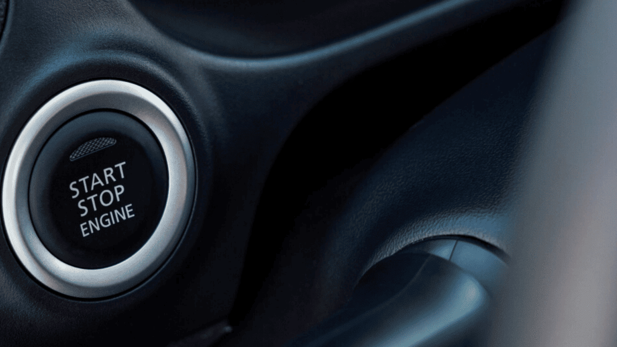 Push-button start in the 2024 Mitsubishi Mirage G4, a close-up of the engine start/stop system, illustrating ease of use and modern convenience.