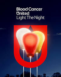 Cartel del evento 'Light The Night' de Blood Cancer United, que muestra tres farolillos iluminados.