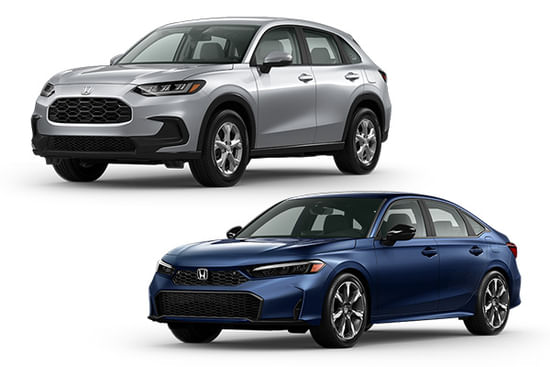 A blue Civic and a silver HR-V on a white background.