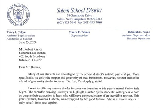 Carta de recomendación del Distrito Escolar de Salem destacando el apoyo de Canobie Lake Honda/Toyota a la rifa de Senior Safe Night.