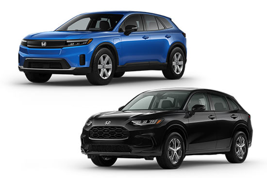 A black HR-V with a blue Prologue on a white background.