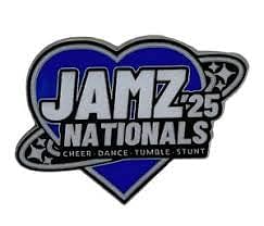 Logotipo de JAMZ '25 Nationals, con forma de corazón azul con las palabras 'Cheer, Dance, Tumble, Stunt' en la parte inferior.
