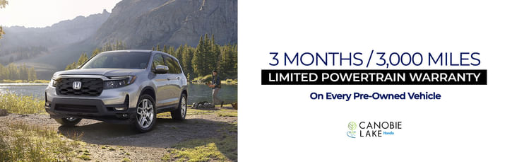 On the left Honda car and on the right text 3 months / 3000 miles Limited Powertrain Warranty