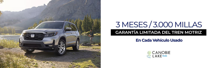 A la izquierda coche Honda y a la derecha texto 3 meses / 3000 millas de Garantía Limitada del Tren Motriz.