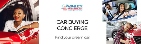 On the left, a smiling woman in a red car; on the right, a man greeting a man sitting in a car; below them, a man in a plaid shirt hugging the body of a red car, on the middle logo Capital City Motor Company and black text CAR BUYING CONCIERAGE Find your dream car! on white background