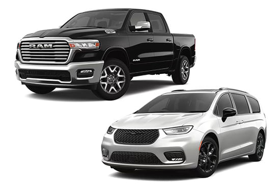 A black Ram 1500 and a silver Chrysler Pacifica on a white background.