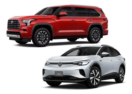 A white VW ID.5 and a red Toyota Sequoia on a white background.