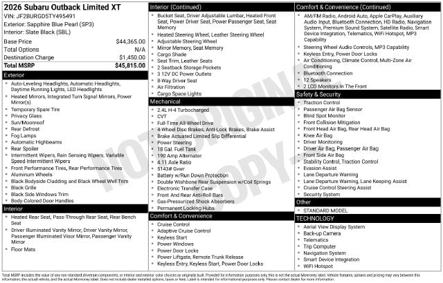 4 thumbnail image of  2026 Subaru Outback Limited XT