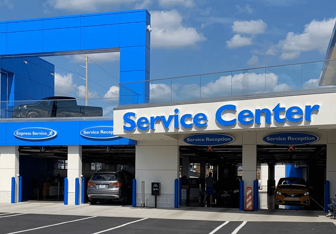 Station service center, express center with parked cars inside