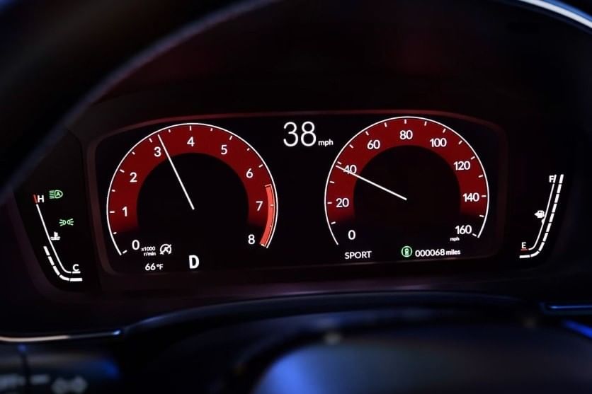 2025 Honda Civic Hatchback dashboard displaying speedometer at 38 mph, fuel gauge, temperature, and odometer reading 000068 miles.