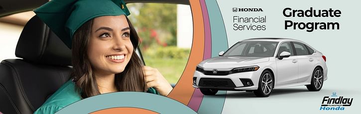 A woman in her graduation gown smiling in her car with a white Honda Civic located on the image.