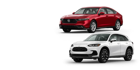 A red 2025 Accord with a white 2026 HR-V on a white background.