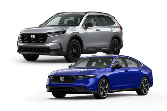 A blue 2025 Accord Hybrid with a silver 2025 CR-V hybrid on a white background.