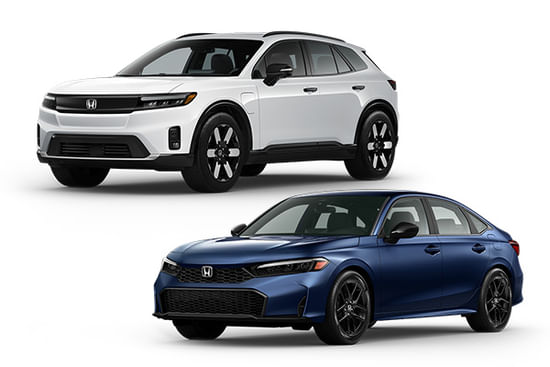 A white 2025 Prologue with a blue 2025 Civic on a white background.