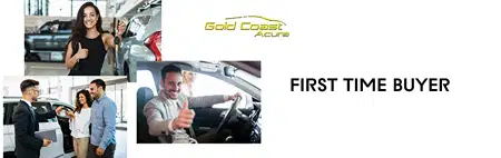 Gold Coast Auto first-time buyer ad shows smiling customers with a car: a woman beside a vehicle, a couple with an advisor, and a man driving, conveying confidence.