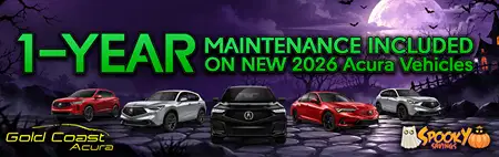 A spooky purple night with bats frames five 2026 Acura vehicles. Bright green text promises “1-Year Maintenance Included”; Gold Coast Acura and Halloween graphics add a playful tone.