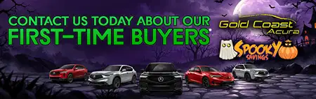 Halloween-themed Gold Coast Acura banner advertising “First-Time Buyers,” with five cars lined up beneath a purple moonlit sky, spooky trees, bats, and a ghost; playful, eerie tone.