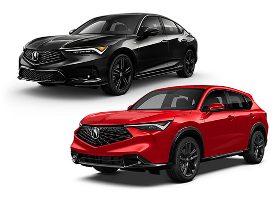 A red 2026 MDX with a black 2026 Integra on a white background.