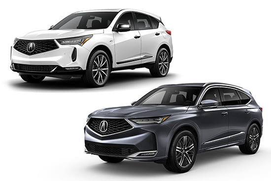A gray 2026 MDX and a white 2026 RDX on a white background.