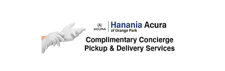 Hands with white gloves, on the left Hanaia Acura of Orange Part logo, below black text Complimentary Concierge Pickup & Delivery Services on white background