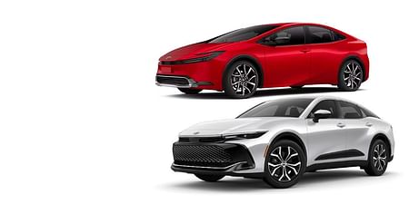 A red Prius Prime and a white Crown on a white background