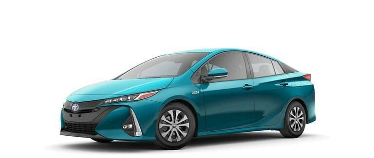 A turquoise Toyota Prius Prime