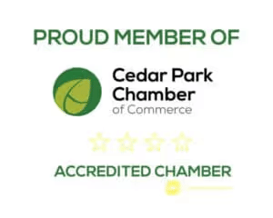 Proud Member of Cedar Park Chamber of Commerce logo with a green leaf graphic, stars below, and 'Accredited Chamber' text in green.