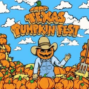 Illustration of a smiling pumpkin-headed scarecrow in denim overalls and cowboy hat, surrounded by pumpkins under a bright sky. Bold text reads 'Texas Pumpkin Fest.'