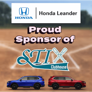 Honda Leander sponsorship banner on a baseball field background, featuring the text 'Proud Sponsor of STIX Clubhouse' with blue and red SUVs below.