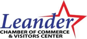 Logo for Leander Chamber of Commerce & Visitors Center. 'Leander' is in blue, large text with a red star outline above, smaller black text below.