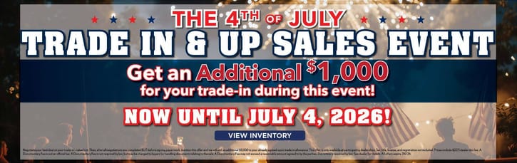 4th of July Trade In & Up Sales Event banner with fireworks and American flags. Offers an additional $1,000 trade-in bonus until July 4, 2026.