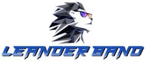 Logo of a stylized lion wearing sunglasses, crafted from geometric shapes, with the text 'LEANDER BAND' in bold, angular blue letters below.