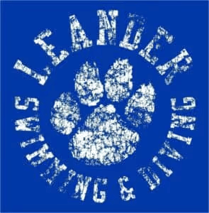 A blue background features a distressed white paw print at the center. Surrounding it, the text 'LEANDER SWIMMING & DIVING' is arranged in a circular formation.